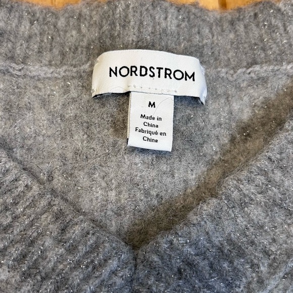 Nordstrom Fuzzy Textured Alpaca Blend Sparkly Gray V-Neck Sweater - Picture 4 of 10